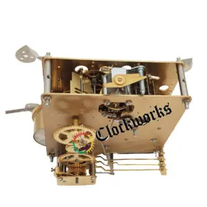 Underside view of Hermle 1050-020 brass clock movement showing chime hammers and gear train