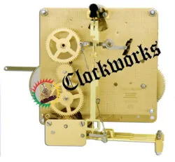 Hermle 1050-020 square brass clock movement with eight bottom chime hammers, triple melody selector, and balance wheel.
