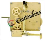 Rear view of a Hermle 351-020 mechanical clock movement showing back-plate model markings, gear train, and hammer assembly.
