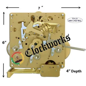 Dimension-labeled image of a Hermle 351-020 mechanical clock movement showing minimum case width, height, and 4-inch depth requirements.