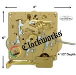 Front-facing Hermle 1051-020 eight-day clock movement with triple-chime mechanism and brass plates.