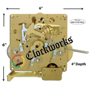 Brass Hermle 1050-021 eight-day clock movement with triple-melody chime hammers and spring-powered mechanism.
