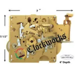German-made Hermle 1051-030 clock movement with brass plates, multiple chime hammers, and balance wheel for triple-melody clocks.