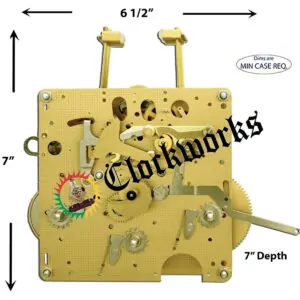 Hermle 1051-051 square brass clock movement with triple chime hammers, balance escapement, and rear-mounted controls.