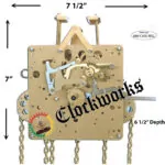 Reference image of a Hermle 451-050 Westminster chime clock movement with eight rear hammers and bridge height configuration options.