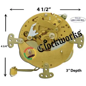 Hermle 130-020 mechanical clock movement displayed with measurement arrows indicating required width, height including hammers, and depth for proper case fit.