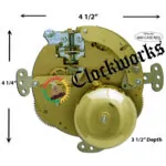 Rear view of the Hermle 130-070 clock movement with labeled width, height, and depth measurements for case clearance.
