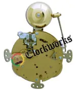 Rear view of Hermle 130-080 clock movement showing bell, hammer rod, and strike mechanism.