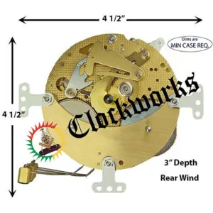 Diagram showing minimum width, height, and depth required for installing a Hermle 130-627 rear-wind clock movement.