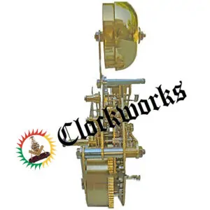 Side view of Hermle 130-080 clock movement showing brass bell, hammer arms, and internal gear assembly.