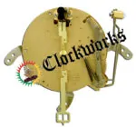 Rear view of Hermle 131-030 clock movement showing round brass plate, side strike bim bam mechanism, and pendulum leader.