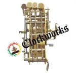 Side view of Hermle 131-030 clock movement showing side strike bim bam hammers, stacked plates, and gear train.