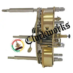Side view of Hermle 131-041 eight-day clock movement showing brass gear train, dual spring barrels, and winding shafts.