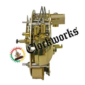 Side view of Hermle 131-080 clock movement showing dual top-mounted hammers, brass bell, and stacked mechanical plates.