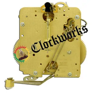 Rear close-up view of Hermle 140/141 clock movement showing brass back plate, gears, chains, and linkage mechanisms.