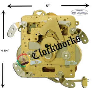 Front measurement view of Hermle 140/141 clock movement showing brass plate, gears, levers, and required case dimensions.