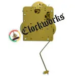 Rear view of Hermle 141-020 clock movement showing brass back plate, exposed gears, and pendulum leader.