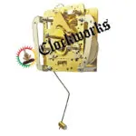 Angled front view of Hermle 141-020 rear pendulum clock movement with bottom strike hammer and pendulum leader visible.