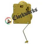 Rear view of Hermle 141-023 45 cm front pendulum clock movement showing brass back plate and exposed gear mechanisms.