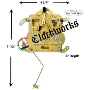 Front-facing diagram of Hermle 141-023 45 cm clock movement showing width, height, and depth clearance measurements.