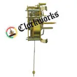 Side view of Hermle 141-023 45 cm front pendulum clock movement with bottom strike hammer and leader attached.