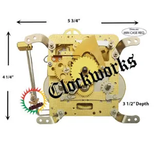 Hermle 141-030K Bim Bam clock movement shown front-on with arrows indicating required case width, height, and depth measurements.