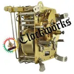 Angled side view of Hermle 141-030K Bim Bam clock movement with three side strike hammers and exposed brass gears.
