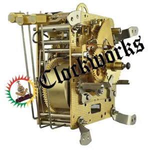 Angled side view of Hermle 141-030K Bim Bam clock movement with three side strike hammers and exposed brass gears.