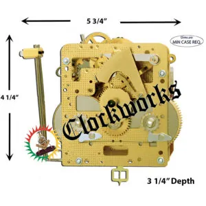 Front-facing view of Hermle 141-031 movement with arrows indicating width, height, and depth dimensions for case fitting.