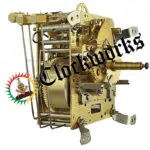 Hermle 141-033K clock movement shown from a side-angle view with gears, hammer arms, and calendar shaft visible.