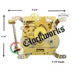 Front view of Hermle 141-033K movement with labeled width, height, and depth measurements for determining case fit.