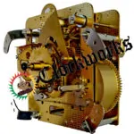 Angled rear view of Hermle 141-040K clock movement showing rear strike hammers, brass gears, and mounting brackets.