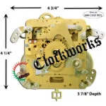 Diagram illustrating minimum internal width, height, and depth needed to install a Hermle 141-040K clock movement.