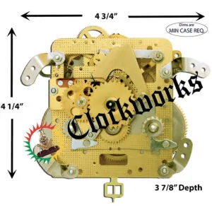 Diagram illustrating minimum internal width, height, and depth needed to install a Hermle 141-040K clock movement.