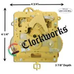 Front view of Hermle 141-040 clock movement with labeled width, height, and depth measurements for clock case clearance.