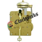 Rear straight-on view of Hermle 141-080 clock movement showing bell, strike hammers, and plate layout.