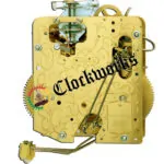 Back view of Hermle 150-010 clock movement showing engraved plate, chain mechanism, and strike components.