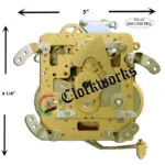 Front-plate view of Hermle 150-010 clock movement with hammers, gears, and brass components visible.