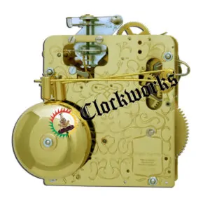 Rear plate view of Hermle 150-070 clock movement showing engraved brass back plate and bell strike assembly.