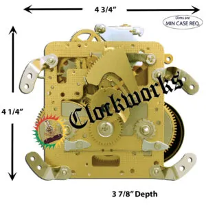 Straight-on front plate view of Hermle 150-070 clock movement showing labeled case dimension requirements.