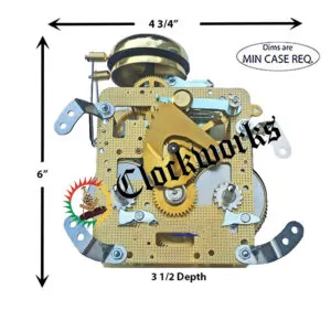 Front plate view of Hermle 150-080 clock movement with labeled dimensions, showing compact 8-day strike mechanism.