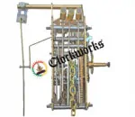 Side profile view of Hermle 241-030 clock movement showing chain drive, strike rods, and internal gear depth.