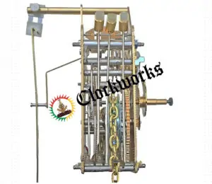 Side profile view of Hermle 241-030 clock movement showing chain drive, strike rods, and internal gear depth.