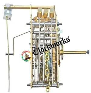 Side profile view of Hermle 241-033 8-day bim bam clock movement showing gears, chains, and hammer rods