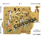 Front view of Hermle 351-031 Westminster clock movement with labeled dimensions showing minimum case requirements, straight-on angle.