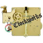 Rear view of Hermle 351-031 Westminster clock movement showing brass plates, gear train, and chime linkage, straight-on angle.