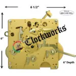 Front-facing view of the Hermle 351-060 Westminster chime clock movement with brass plates and rear hammer system.