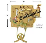 Angled side view of a Hermle 351-830 Westminster clock movement with five side-mounted hammers and brass plates.