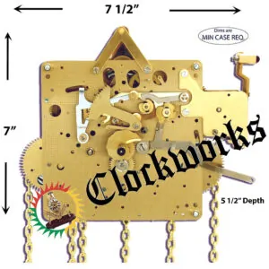 Technical diagram of a Hermle 451-033 Westminster chime clock movement showing five side hammers, plate size, and hand shaft length.
