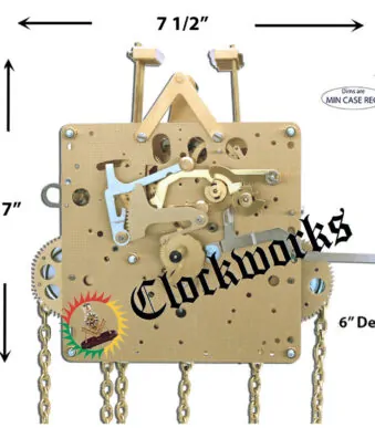 Dimension reference image of a Hermle 451-050 Westminster chime clock movement showing eight rear hammers, chain drive, and high/low bridge suspension options.